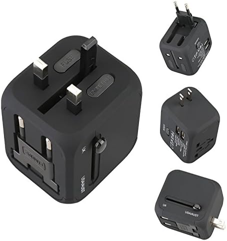 Universal Travel Adapter， International Power Adapter with 2.4A Dual USB Ports Worldwide AC Wall Outlet and Safety Fuse for Europe, UK, AU, Asia & US (Black)