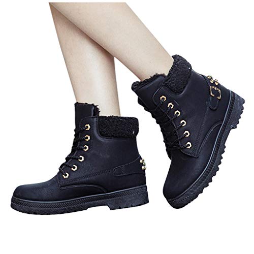 Dermanony Womens Warm Snow Boots Solid Color Lace up Short Ankle Combat Boot Slip on Winter Low Heel Fur Booties