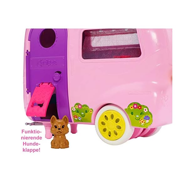 Barbie Chelsea Serie, Chelsea Auto und Camper Set mit 10+ Barbie Camping Accessoires, 1x Chelsea Puppe, Teal Auto und Pink Mini Camper, Geschenke für Kinder ab 3 Jahren,FXG90 – Bild 4