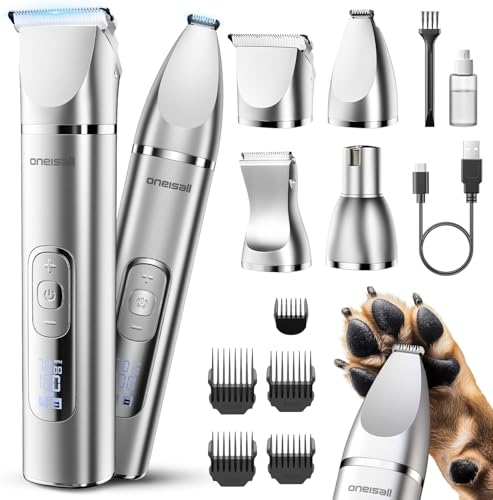 oneisall 4 in 1 Silent Dog Cat Clipper, Waterproof IPX7 Dog Shaver, Professional Cat Shaver, Trimmer and Sharpener for Body, Paws, Eyes, Ears, Face (White)