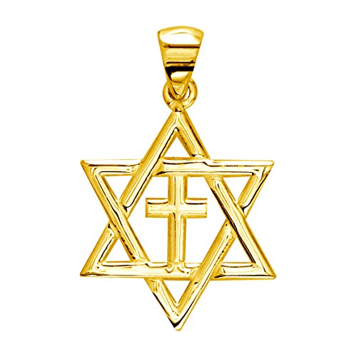 Small messianic star of david with cross charm in 14k y…
