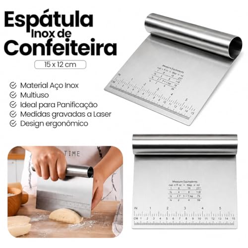 kit Rolo de Massa em Madeira 43 cm com Espatula de Corte e Raspadora de Inox com Régua de Medição 12 x15 cm Utensílio de Cozinha para Massas Premium