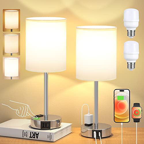 Juego de 2 lámparas táctiles de mesita de noche pequeña, 3 vías, regulables, puertos USB C, A y tomacorrientes, modernas para habitación de niños, con pantalla de lino y base plateada, color blanco