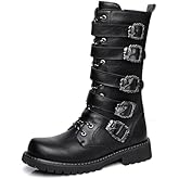 QKLMWES Men's Black Leather Lace Up Multiple Fasciculi Knee High Motorcycle Boots with Side Zipper Round Toe Bike Riding Punk Rock Y2K Cowboy Western Tactical Army Boot