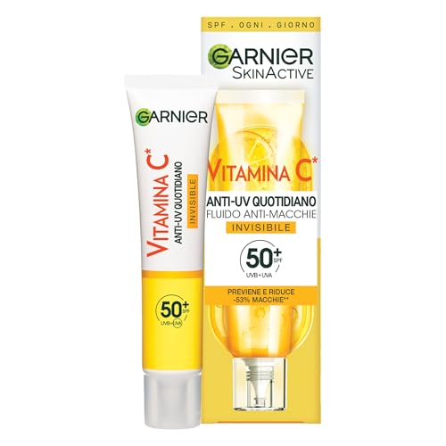 Garnier Fluido Anti-UV Anti-Macchie Invisibile, SPF 50+, Per Tutti i Tipi di Pelle, Arricchito con Vitamina C, Protegge dai Raggi UV, Previene e Riduce Le Macchie, Daily UV Invisible, 50 ml