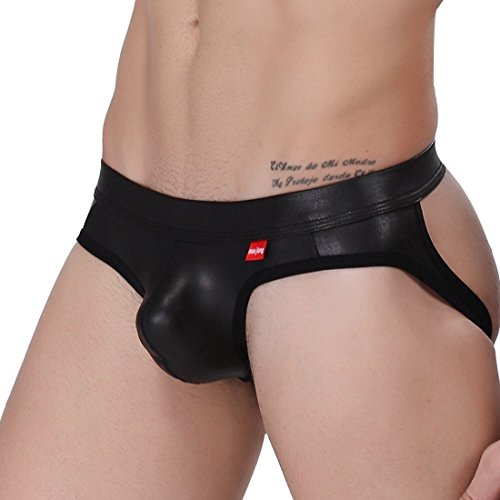 FEESHOW Men's Faux Leather Jockstrap Bikini Briefs Open Butt Underwear Black Medium(Waistline 27.5-37.0")