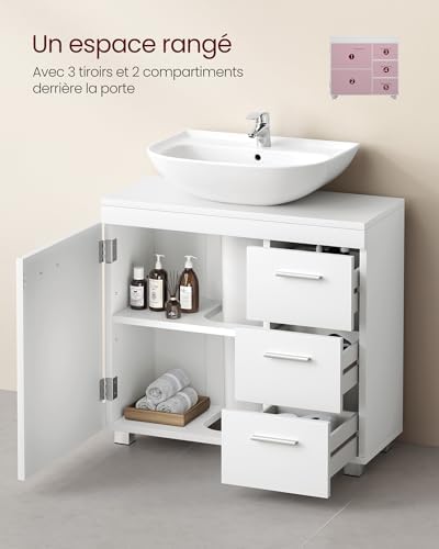 Meuble sous Lavabo, Meuble de Salle de Bain, 3 Tiroirs Latéraux, 2 Cases Derrière la Porte, pour Lavabos sur Colonne, avec Pieds, 30 x 70 x 64 cm, Blanc Nuage BBK504W01