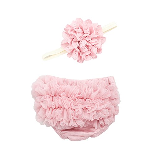 Ruffle Bloomer & Lace Flower Infant Headband Set, Newborn Baby Girl, Mauve Pink