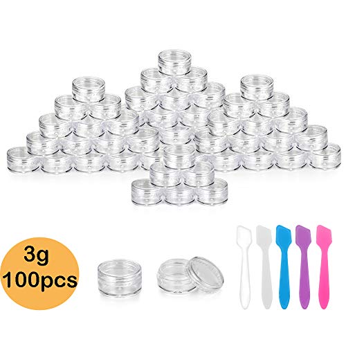 Accmor 100 Pieces 3g Empty Clear Plastic Sample Containers with Lids Cosmetic Pot Jars with 5 Pieces Mini Spatula by Accmor