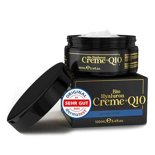 BIO Hyaluron Creme Gesicht + Q10-100ml - mit natürlichem UV-Schutz • Anti Falten Creme hochdosiert • Anti Aging Creme Frauen u. Männer +Sheabutter +Ma