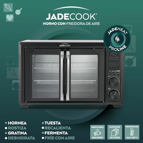JadeCook Horno Eléctrico con Freidora de Aire de 30 Litros, Temperatura de 100 °C a 230 °C, Apagado Automático, Doble Puerta de Vidrio Templado, Frie Rostiza, Hornea, Cocina Saludable, Color Negro