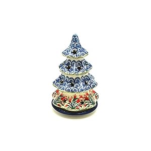 Polish Pottery Christmas Tree Luminary – Medium (7″) – Crimson Bells