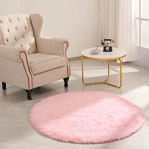 Goideal Round Fluffy Area Rug For Bedroom Pink Soft Shaggy Rug For Boys Girls Fuzzy Cute Princess Castle Nursery Room Rug Circle Plush Floor Carpet For Babies Room Decor 4ft 4 Diameter