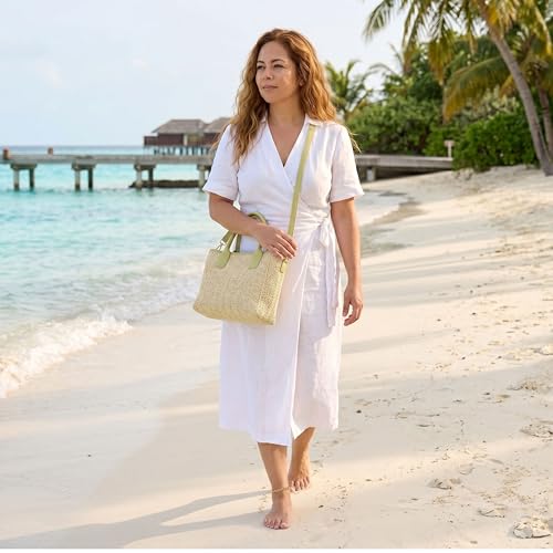 Women's Summer Bag – Raffia Bag with Green Details – Wicker Bag – Matching Purse – Beach Basket with Zip (Green)