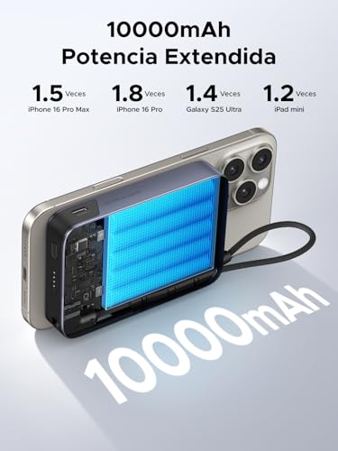 UGREEN 10000mAh Power Bank QI2 15W Inalámbrico PD 30W Carga Rápida, Bateria Portatil iPhone con Cable USB-C Integrado y Soporte Plegable, Pila Portatil Magsafe Compatible con iPhone 17/16/15, Galaxy