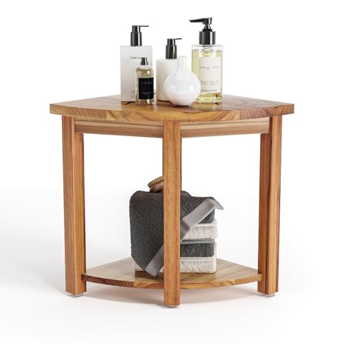 Photo 1 of Smart FENDEE 17'' Teak Shower Bench for Shaving, Bath Spa Bench with Storage Shelf, Weather Resistant/Non-Slip/Indoor or Outdoor Use