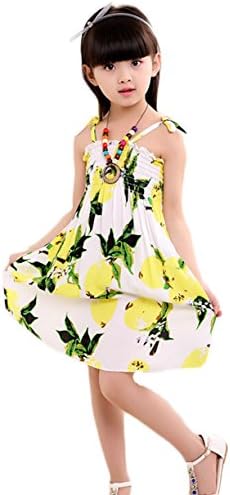 Princess Baby Girl Boho Dress Floral Sleeveless Strap Casual Beach Sundress With Nacklace (Yellow, 7-8 Years)