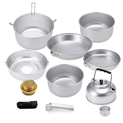 Cenluxer 10 PCS Cookware Camping Cooking Set Cookout Utensil Dish Plate Pots Water Kettle Alcohol Stove Wind Shield Boiler Cradle