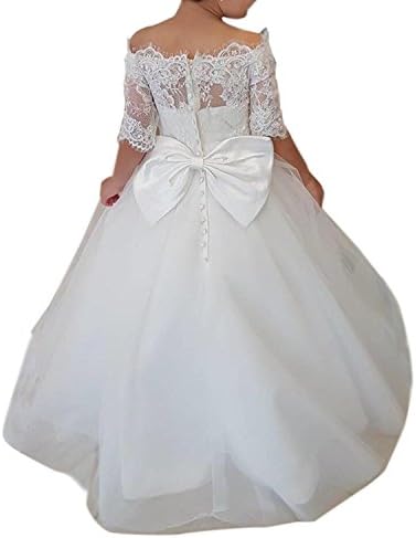 Gzcdress White Communion Dresses Lace Flower Girls Dress Short Sleeves Off Shoulder Tulle Ball Gowns 37