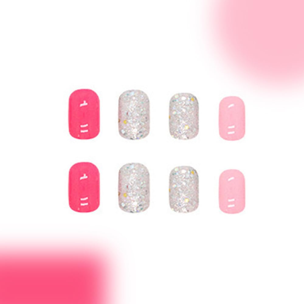 24 Pcs Pink Press on Nails Short Square - YIHONGYAN Spring Fake Nails Press ons Nails Acrylic Nail Kit Full Cover False Nails with Sequins Glossy Glue on Nails Art Stick on Nails for Women Manicure - Image 5
