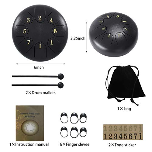 ZHRUNS Steel Tongue Drum - 8 tones 6 Inches-Percussion Instrument -Handpan Drum with Bag, Mallets, Finger Picks, Notes Stickers for Personal Meditation, Yoga, Zen (Black)