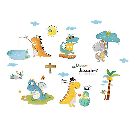 Dinosaurs Fishing Skateboarding Play Wall Decals Removable Wall Stickers Mural for Kids Bedroom Playroom Boys Girls Baby Nursery Rooms Art Wall Decor