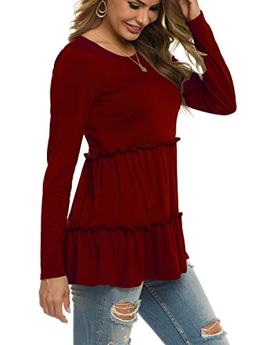 Sweetnight Womens Long Sleeve Babydoll Tunic Tops Loose Fitting Shirts Blouses Wine Red M
