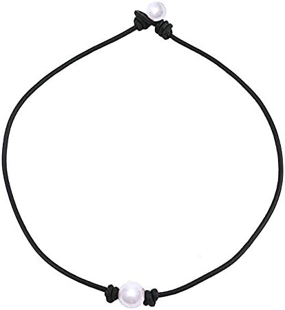Junhe Pearl Single Cultured Freshwater Pearl Necklace Choker for Women Genuine Leather Jewelry Handmade 14-18 Inches