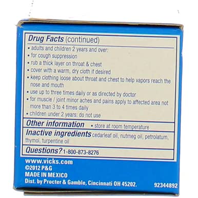 VICKS VAPORUB, ORIGINAL, COUGH SUPPRESSANT, TOPICAL CHEST RUB & ANALGESIC OINTMENT, MEDICATED VICKS VAPORS, RELIEF FROM COUGH DUE TO COLD, ACHES & PAINS, 1.76OZ
