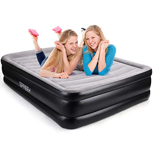 SPREEY Queen Air Mattress,Inflatable Blow Up Camping Bed with Built in Pump,Elevated Double High Airbed for Guests Flocked Top,Storage Bag with 1-Year Guarantee,Inflated Size: 79.9×60.2×17.7”,Black
