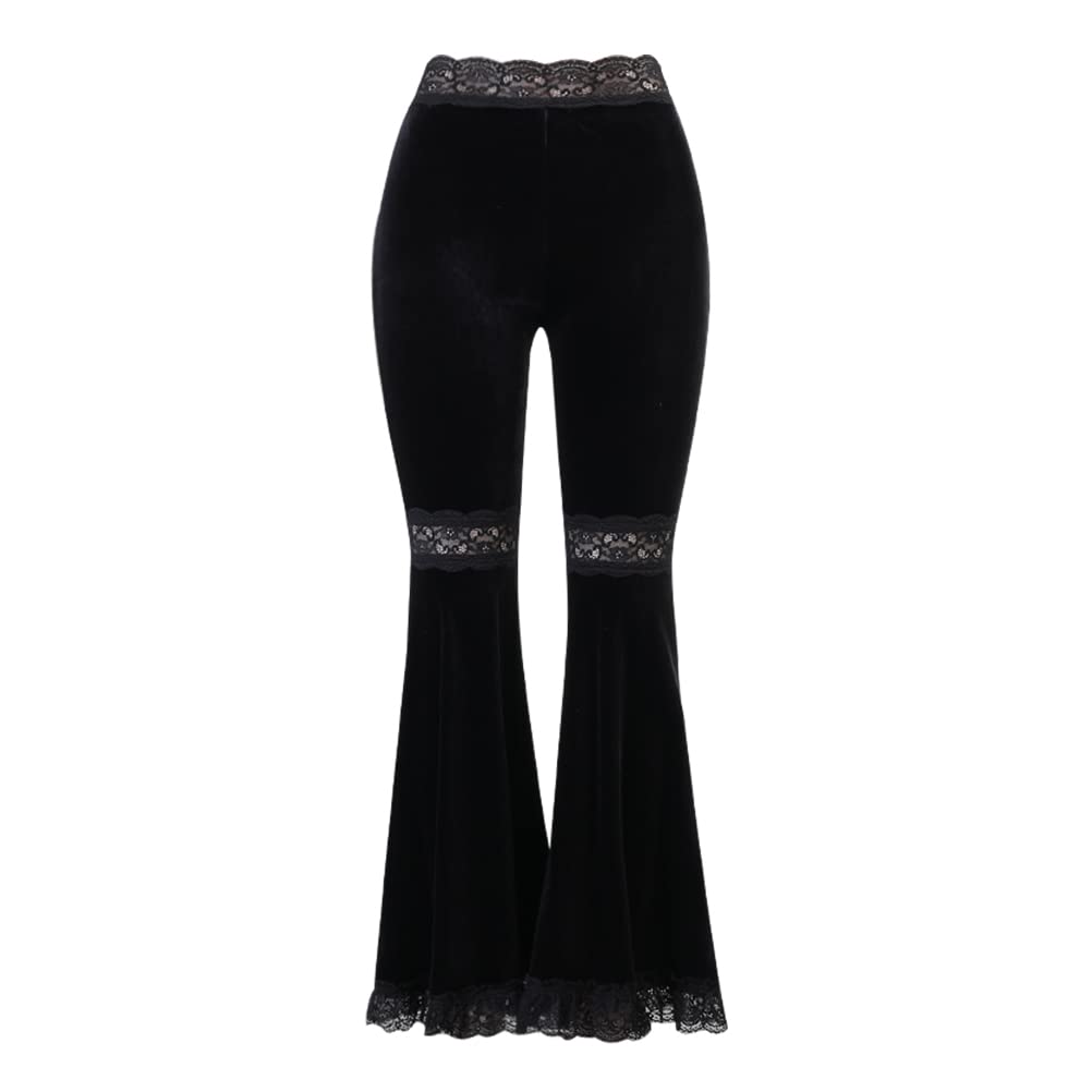 Photo 1 of Instobig Gothic Bell Bottoms for Women Velvet Black Hip Hop Trendy Flared Pants High Waisted Wide Leg Hollow Out