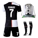 NTauthentic Juventus 7 Ronaldo Shirt Home Soccer Shirt for Kids/Youth with Socks & Shorts & Gym Bag 19-20 Season Black/White