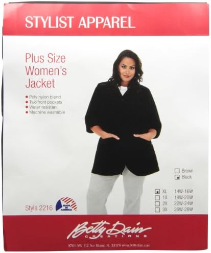 A Size Above Plus Size Salon Stylist Jacket, Cut for Curves, Three-quarter Length Sleeves, Button Down Front, Two Lower Front Pockets, Lightweight, Water Resistant Nylon/Poly, Black, XL