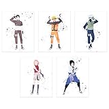 Crystal Canvas Watercolor Naruto Shippuden Poster Prints - Set of 5 (8x10) Shonen Anime Team 7 Wall Art Decor - Naruto Uzumaki - Sasuke Uchiha - Sakura Haruno - Kakashi Hatake - Sai Yamanaka