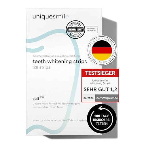 Uniquesmile Teeth Whitening Strips Test Winner 2024 - Whitening Strips without Peroxide - Teeth Bleaching Gentle on Enamel - Natural Formula - 28 Strips / 14 Applications - Test 100 Days