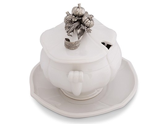 Vagabond House Soup Tureen Stoneware Pewter Harvest Pattern Pumpkins corn stock and fall leaves - 3 pieces Tureen/Lid / Tray