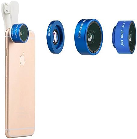CEStore Universal 3 in 1 180 Degree Fisheye Lens + 0.36X Wide Angle Lens + 15X Macro Lens Clip-on Phones Camera Lens Kits with Thread Clip Holder for Apple iPhone iPad Samsung Sony Laptops PC - Blue