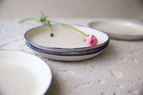 Blue rimmed modern white porcelain small plate for a serving of salad, dessert, cheese or fruits by SinD studio
