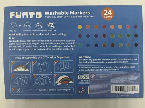 Funto Washable Markers, 24 Assorted Colors, Mess Free Coloring Drawing Markers, Perfect for Halloween Coloring Pages, Safe and Non-Toxic for Toddlers