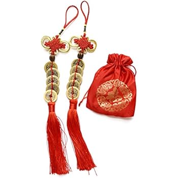 Chinese Feng Shui Money Handmade Coins with Red Enless Knot Hanging Decoration Lucky Ornaments for Car Wealth and Success 2 Sets of 5 Coins by Novelty House