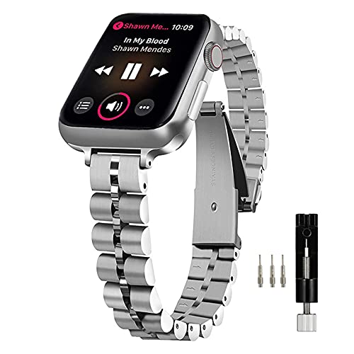 MaKTech Stainless Steel Wristband,Women Slim Three-Pieces Links 14mm Half Round Metal Bracelet Compatible with Apple Watch Series 10/9/Ultra 2/SE/8/7[2024] (42mm/41mm/40mm,Silver)