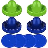 ONE250 Air Hockey Pushers and Blue Air Hockey Pucks, Goal Handles Paddles Replacement Accessories for Game Tables (4 Striker, 4 Puck Pack) (Blue & Green)