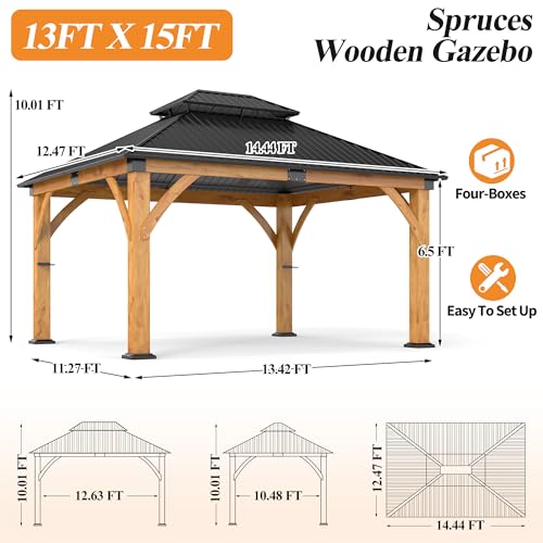 COVERONICS 13’x 15’ Outdoor Spruce Wood Gazebo - Patio Hardtop Gazebo Permanent Wooden Pavilion with 2 Shelves, Galvanized Steel Double Roof Wooden Gazebos for Garden, Porch, Lawn, Poolside, Backyard