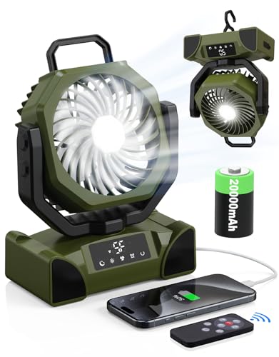 20000mAh Portable Camping Fan Rechargeable with LED Lantern, 5-Speed, Timer, Remote&Touch Control, Auto Oscillation, Long-time Battery Operated Fans for Camping Tent Office Beach Desk Fishing Table