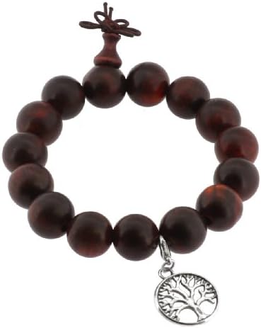 15mm Dark Wood Tree of Life Wrist Mala Prayer Beads with Silver Tone Tree of Life Charm