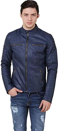 Men's Navy Blue Color Faux Leather Sleeve pading Jackets