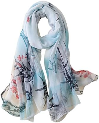 DOCILA Scarf, Elegant Bamboo Leaves Print Shawl Wrap-Stylish Delicate Silk Stole (Blue)