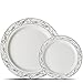 Alpha & Sigma Premium 50 Pack White with Silver Scroll Plastic Plates - Includes 25 Dinner Plates and 25 Salad Plates