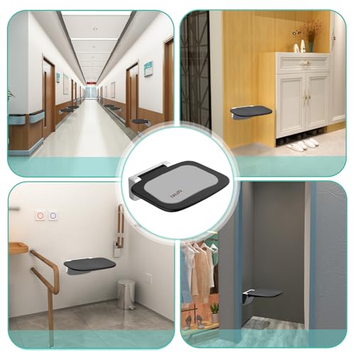 Heuffe Ultrathin Ergonomic Folding Wall Shower Seat – 160 kg Non-Slip Capacity, for Elderly and Disabled, Black