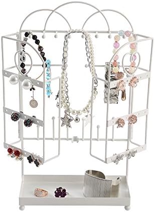White Metal Foldable Jewelry Organizer Tree Rack for Bracelet, Earrings, Necklace w/ Ring Tray
